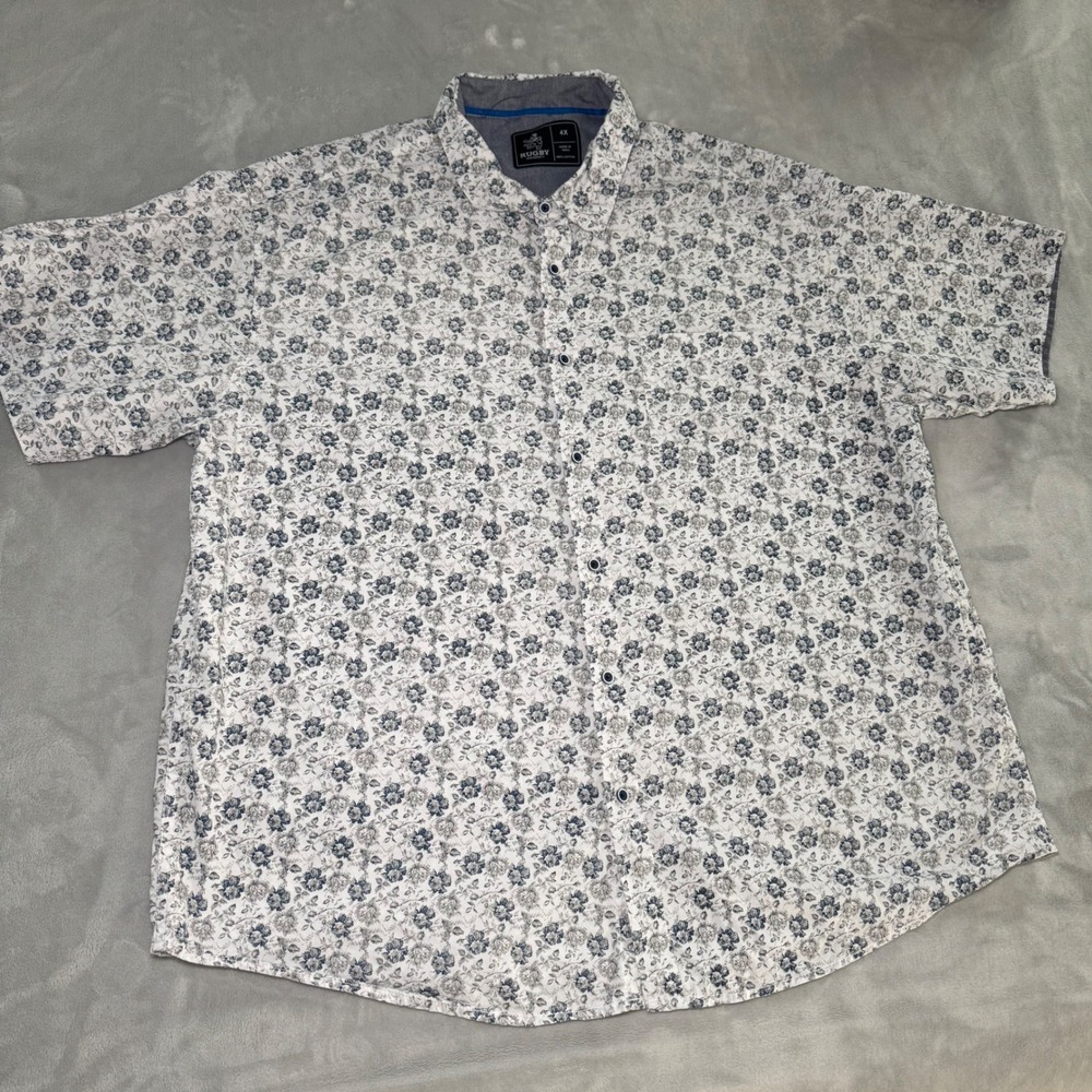 Rugby University Men's 4X Floral Button Up Shirt Short Sleeve Cotton White Blue